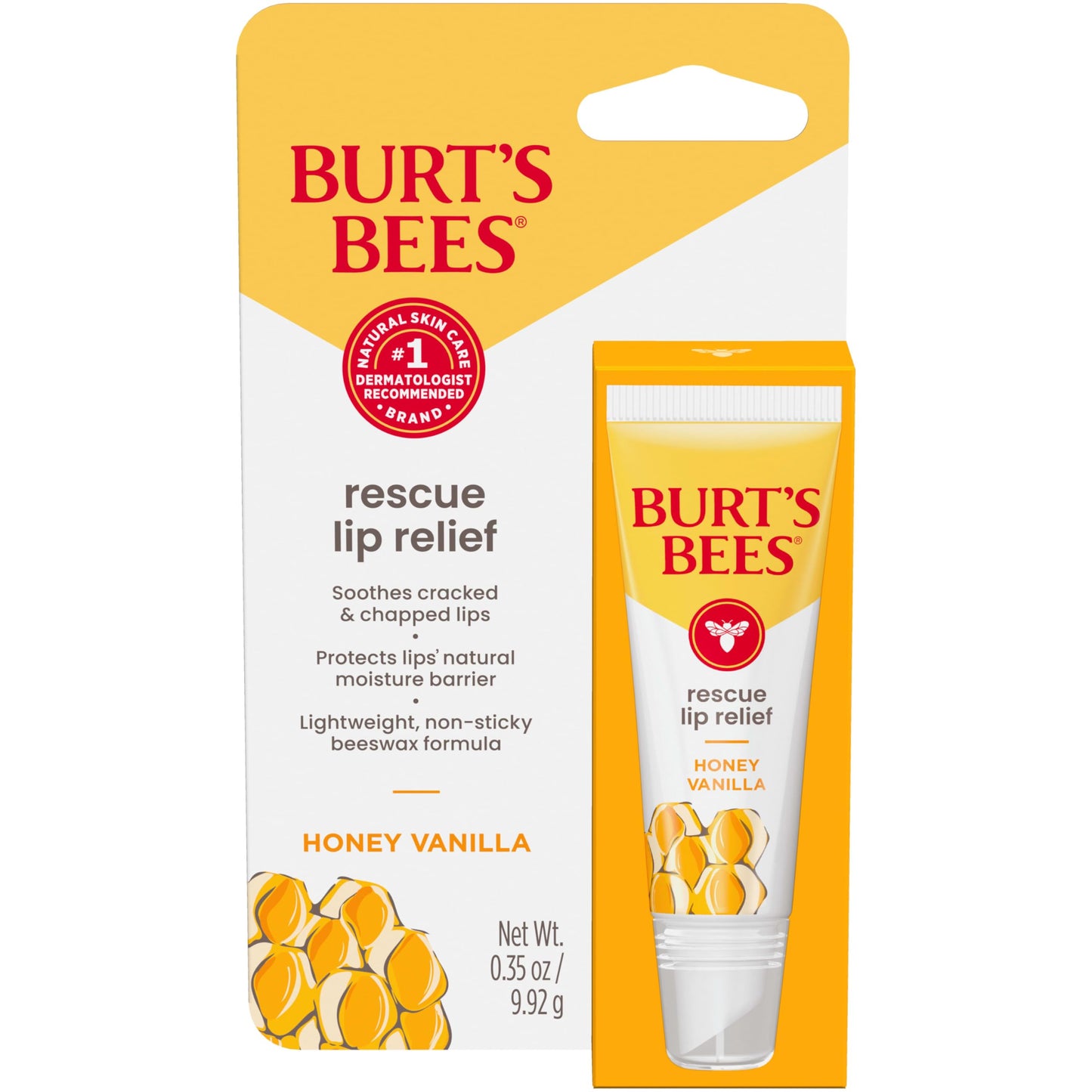 Burt's Bees Stocking Stuffers, Rescue Lip Relief, Honey Vanilla, Hydrating Lip Balm for Dry Cracked Lips, with Responsbily Sourced Beeswax and Shea Butter, 100% Natural Origin, 1 Squeezy Tube, 0.35oz