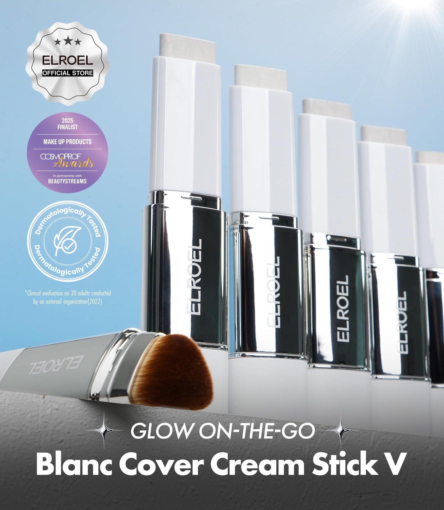 ELROEL Blanc Cover Cream Stick V White - Korean Color-Changing Foundation Stick with Volufiline - Medium to Full Coverage Dewy Finish Base Makeup - Dual-Ended with Detachable Brush (200 Fair)