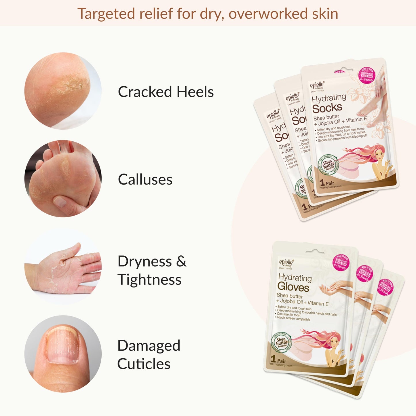 Epielle Hydrating Hand & Foot Masks 12 Pairs, Deep Moisturizing Socks & Gloves, Soften Dry Hands & Cracked Heels with Shea Butter & Jojoba Oil, Korean Skin Care, Foot Spa, Self Care Gifts for Women