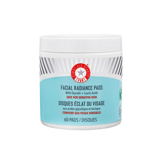 First Aid Beauty - Facial Radiance Pads with Glycolic & Lactic Acids, Daily Exfoliating Pads with AHA, Visibly Smaller Pores, Help Tone & Brighten Skin, One-Step Makeup Prep, Compostable, 60