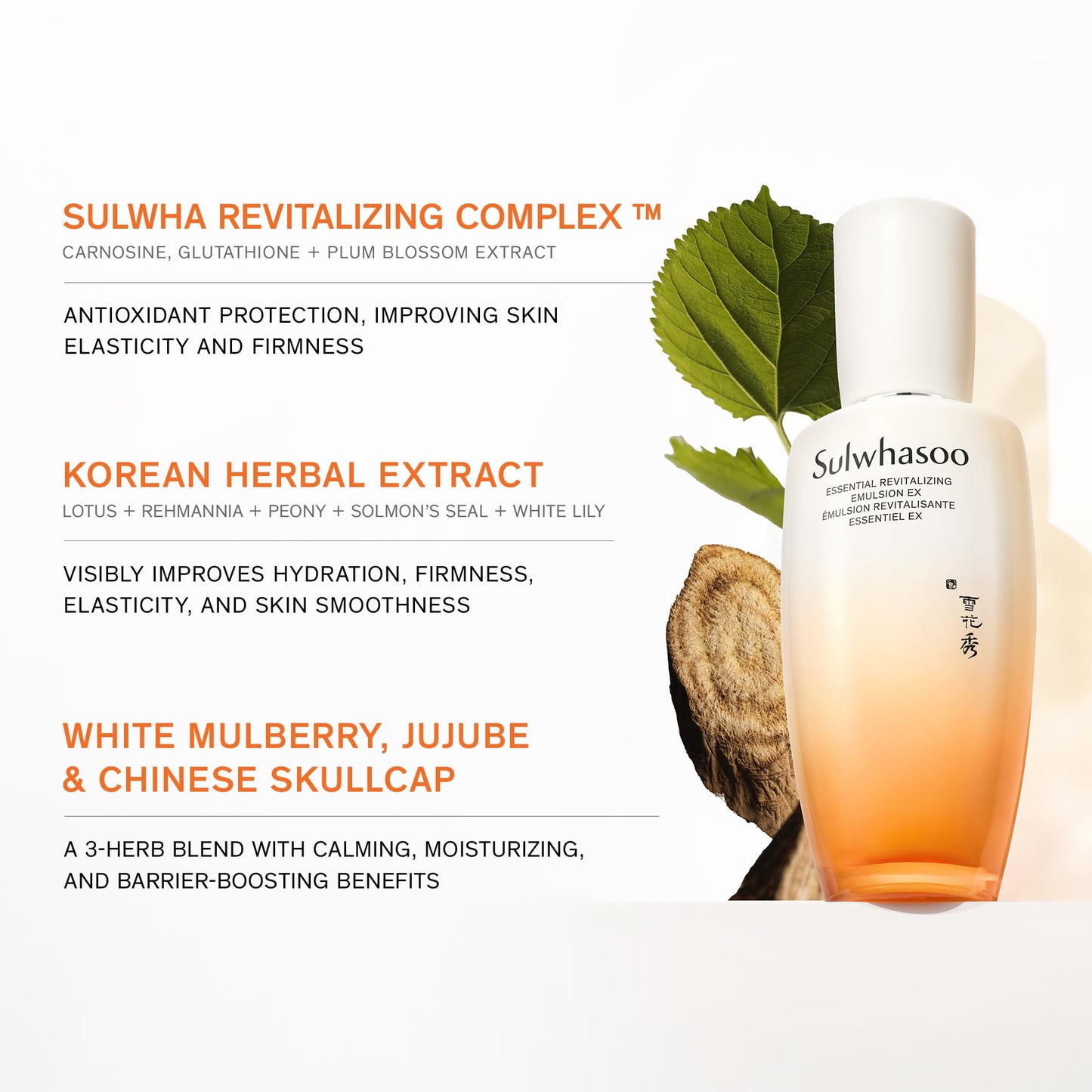 Sulwhasoo Essential Revitalizing Emulsion EX - Lightweight, fast-absorbing lotion that delivers 24-hour hydration while visibly soothing and supporting the skin barrier.