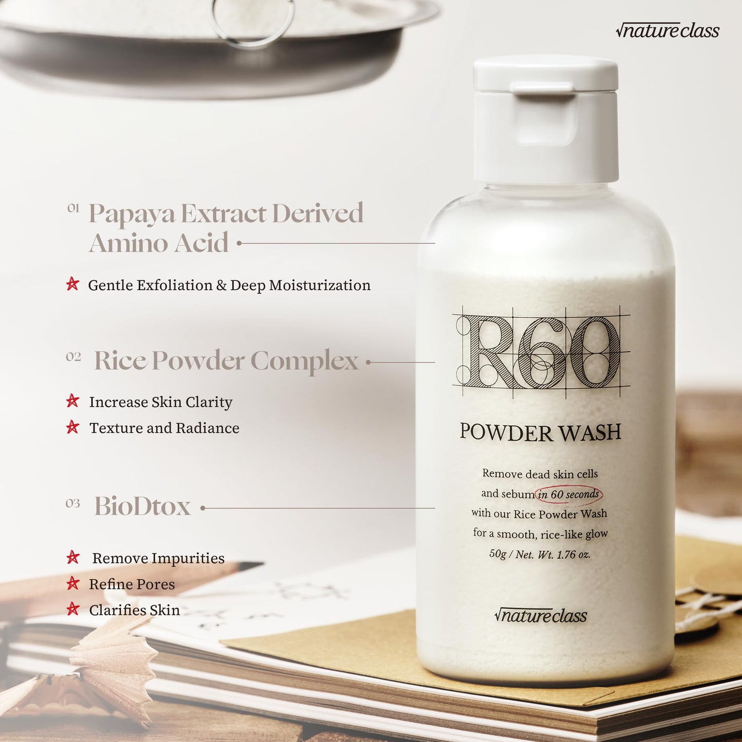 NATURECLASS R60 Rice Enzyme Powder Face Wash Cleanser – Exfoliating, Deep Cleansing, Removes Pore Impurities for Soft Radiant Skin, Korean Skincare1.76oz