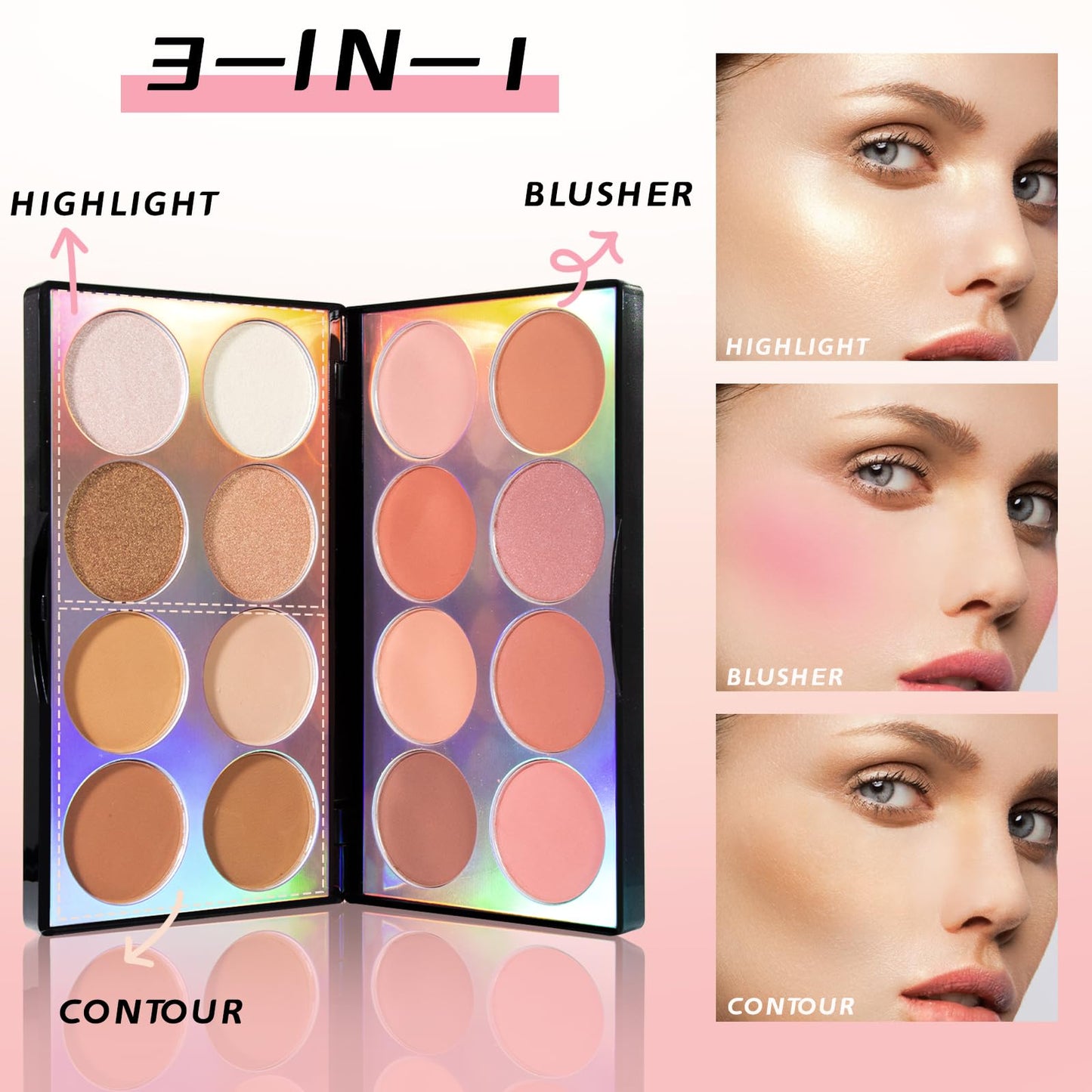 HOSAILY 16 Colors Blush Contour Highlighter Makeup Palette, All-in-One Shimmer Silky Matte Mineral Blush Powder Palette, Face Sculpting Bronzer Blusher Illuminator for a Natural Glowing