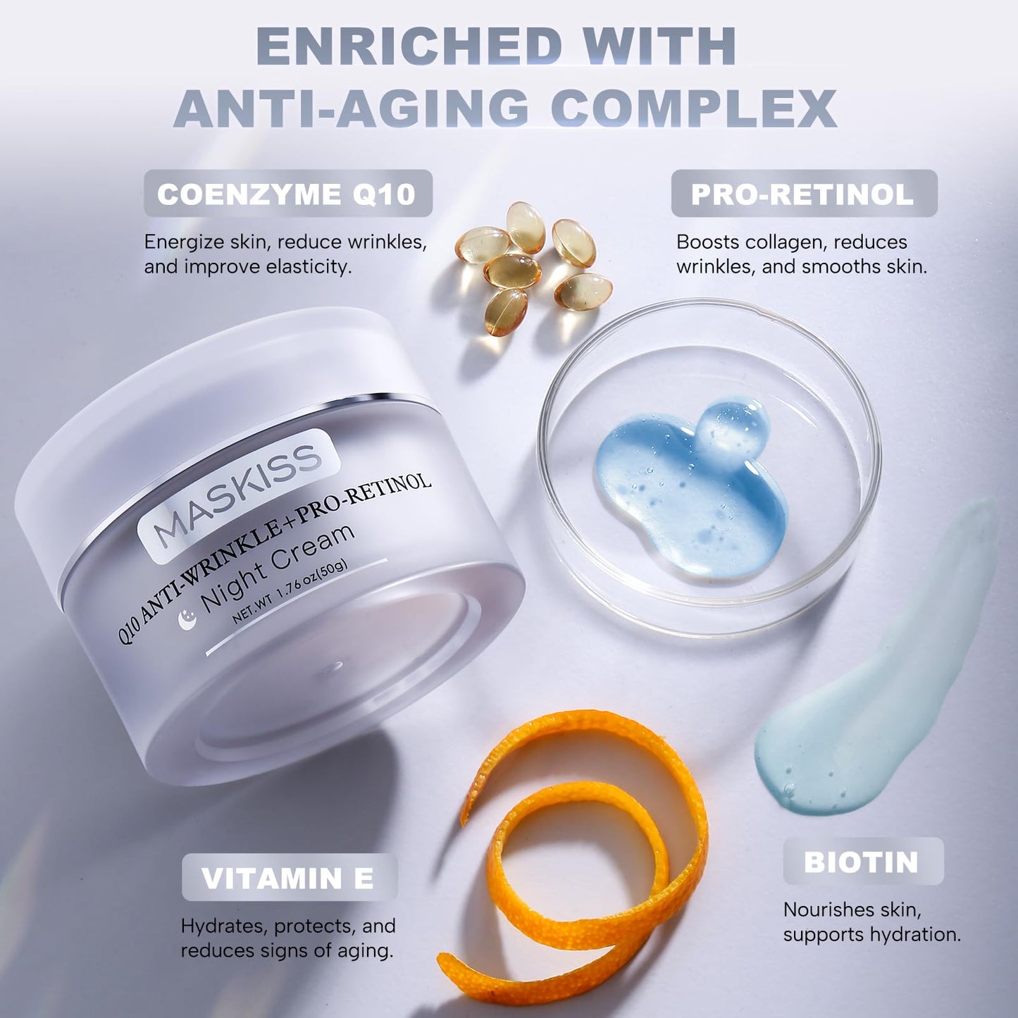 Maskiss Firming Neck Cream & Anti-Wrinkle Night Cream with Coenzyme Q10 + Pro-Retinol, Unscented Skin Firming Neck Cream, Anti Aging Facial Moisturizer for Sensitive Skin, 1.76 Oz Jar