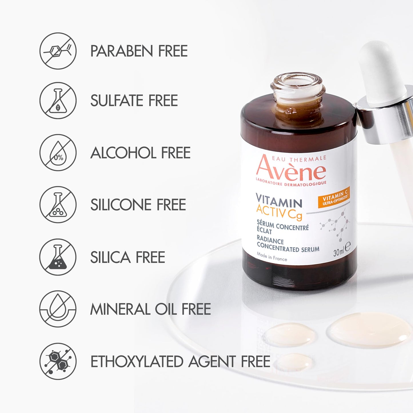 Avène Vitamin Activ Cg Radiance Concentrated Serum, Radiance Boosting Vitamin C Serum, powered by Vitamin Cg + Niacinamide + Bakuchiol, Visbily Reduce Wrinkles, Dark Spots & Fine Lines, 1 FL Oz