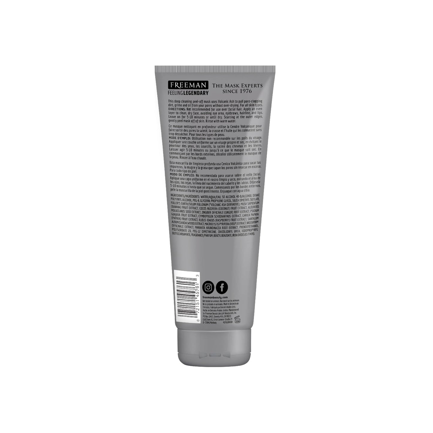 FREEMAN Pore Clearing Volcanic Ash Peel-Off Gel Facial Mask, Deep Cleansing, Removes Dirt From Pores, Not Over-Drying, Easy-to-use, For Men, 6 fl.oz./175 mL Tube