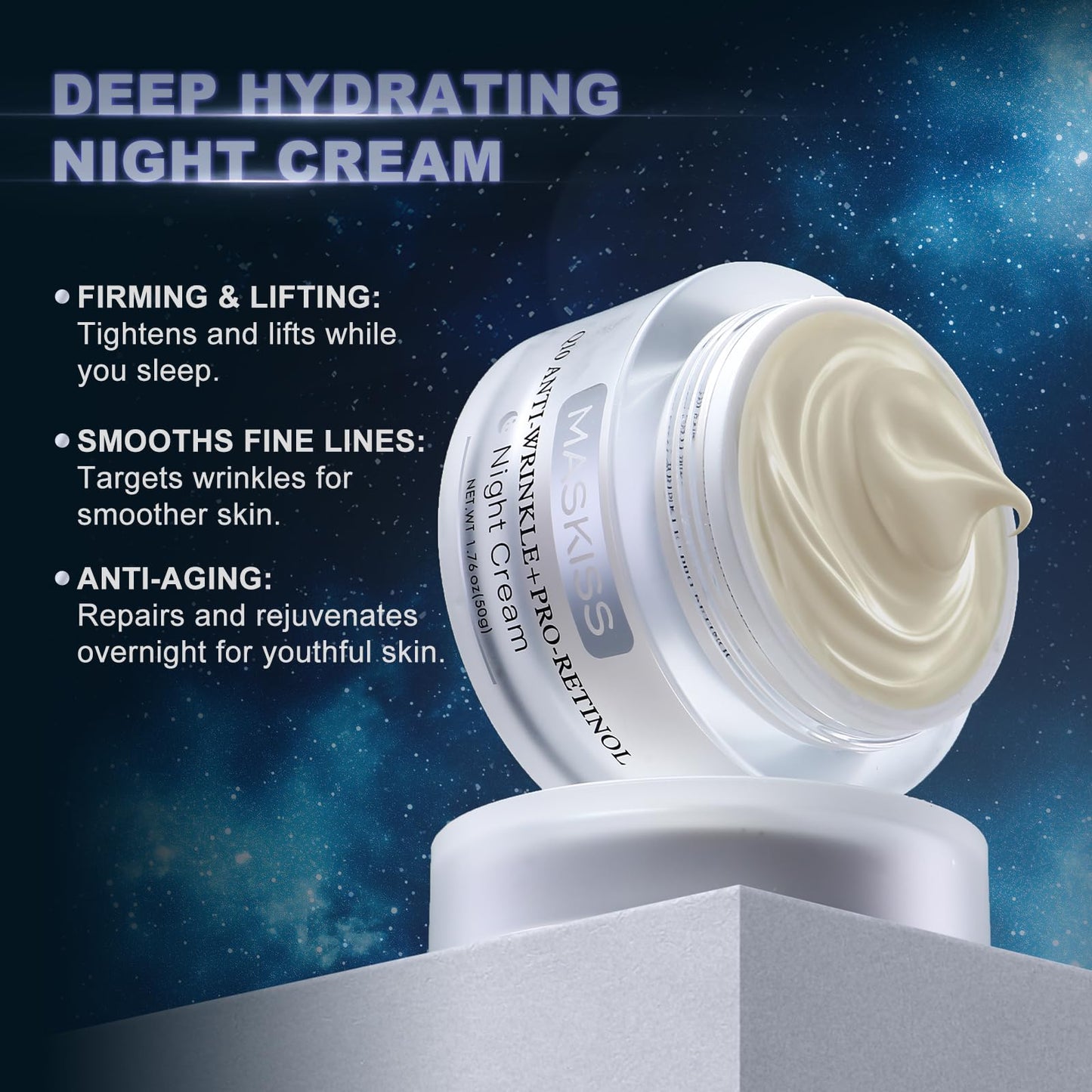 Maskiss Firming Neck Cream & Anti-Wrinkle Night Cream with Coenzyme Q10 + Pro-Retinol, Unscented Skin Firming Neck Cream, Anti Aging Facial Moisturizer for Sensitive Skin, 1.76 Oz Jar