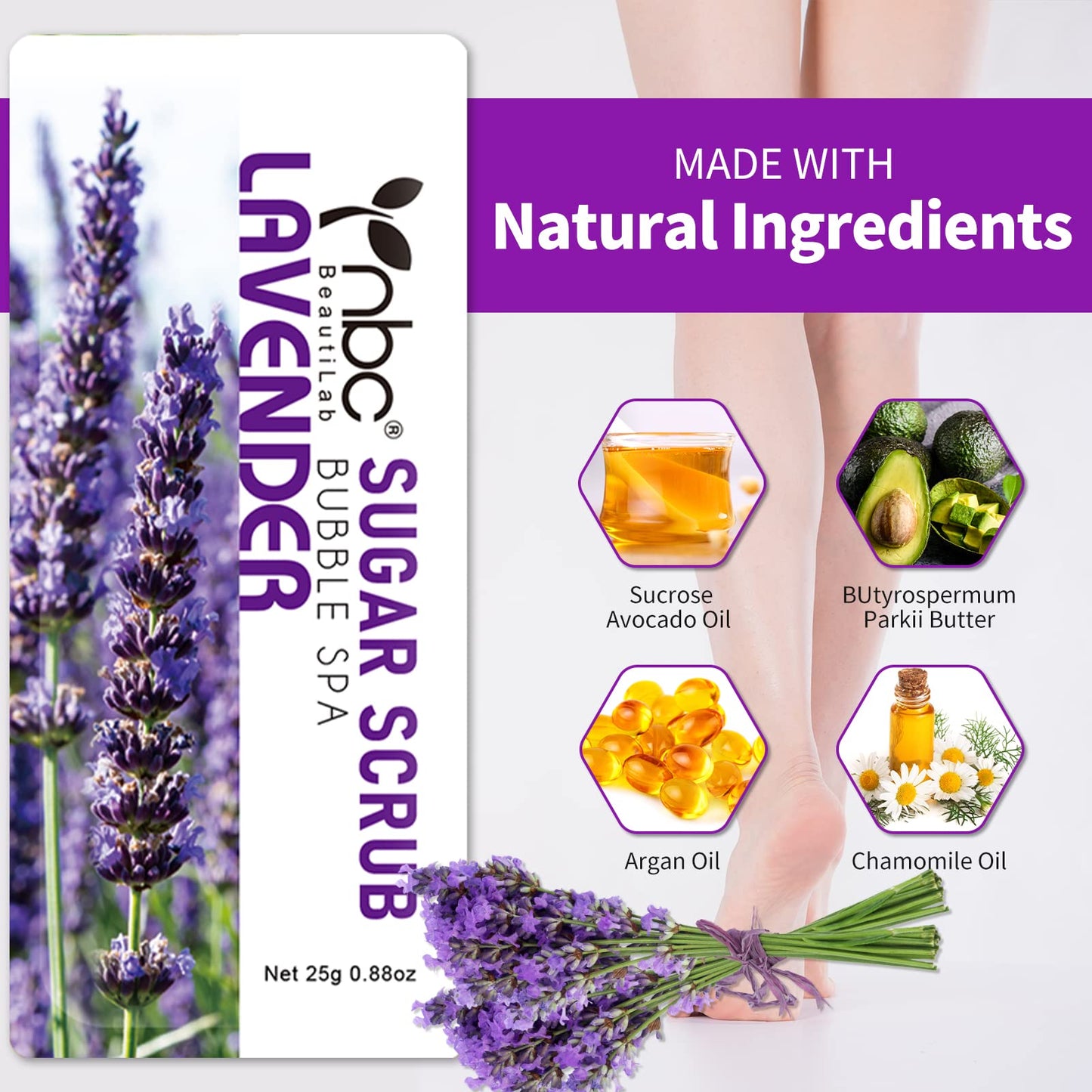 nbc BeautiLab Foot Exfoliating Scrub, Sugar Scrub, Dead Skin Remover for Feet, Individually Packaged Foot Scrub Smooths, Hydrates, Detoxifies Tired and Dry Cracked Feet 16 Packs per Box, Lavender