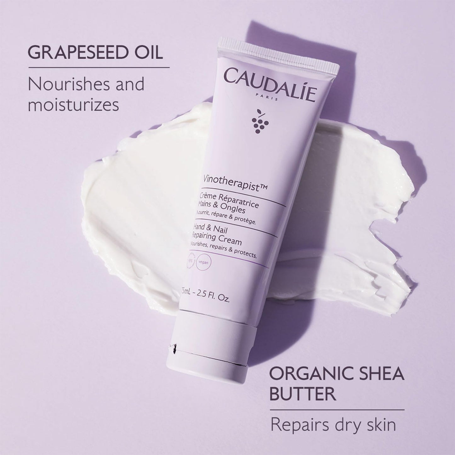 Caudalie Vinotherapist Hand and Nail Cream with Shea Butter and Grapeseed Oil, Vegan and Dermatologically Tested - 75 mL