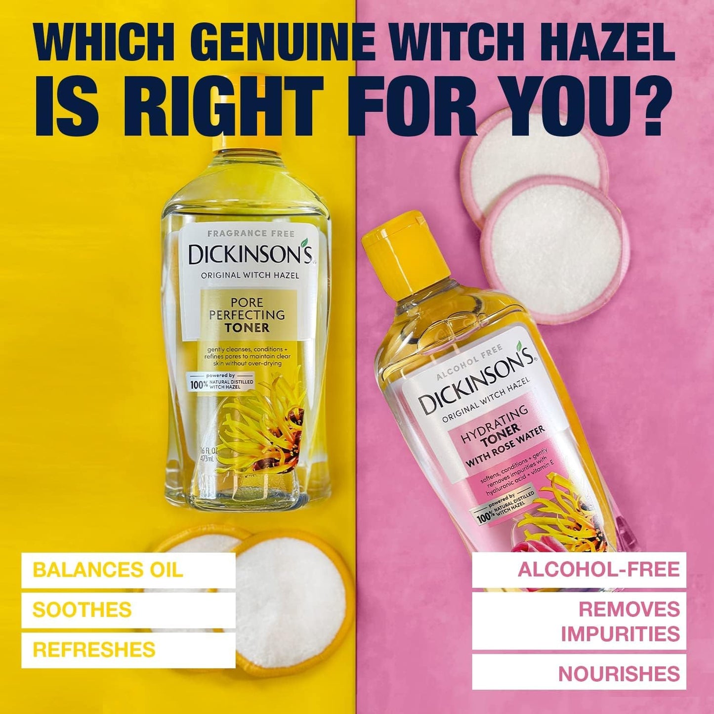 Dickinson's Original Witch Hazel Pore Perfecting Toner | 100% Natural Distilled Witch Hazel | America's #1 Toner | Refines Pores | Removes Impurities & Oil | 16 Fl Oz