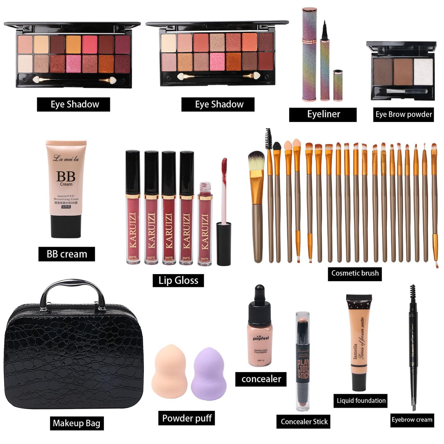 MTDXILTAI All in One Makeup Kit - 2X14 Eyeshadow Palette, Liquid Foundation, Eyeliner Pencils, Contouring Stick, Lip Gloss, 20Pcs Makeup Brushes (Black)