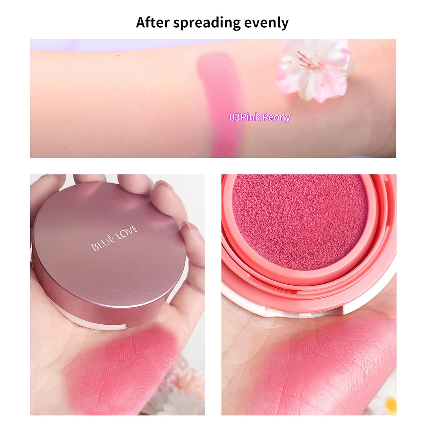 BLUE LOVE Cushion Liquid Blush - Silky Cream Formula for Cheeks, Natural Glow Makeup with Sheer Finish, for Contouring and Highlighting (03#Pink Peony)