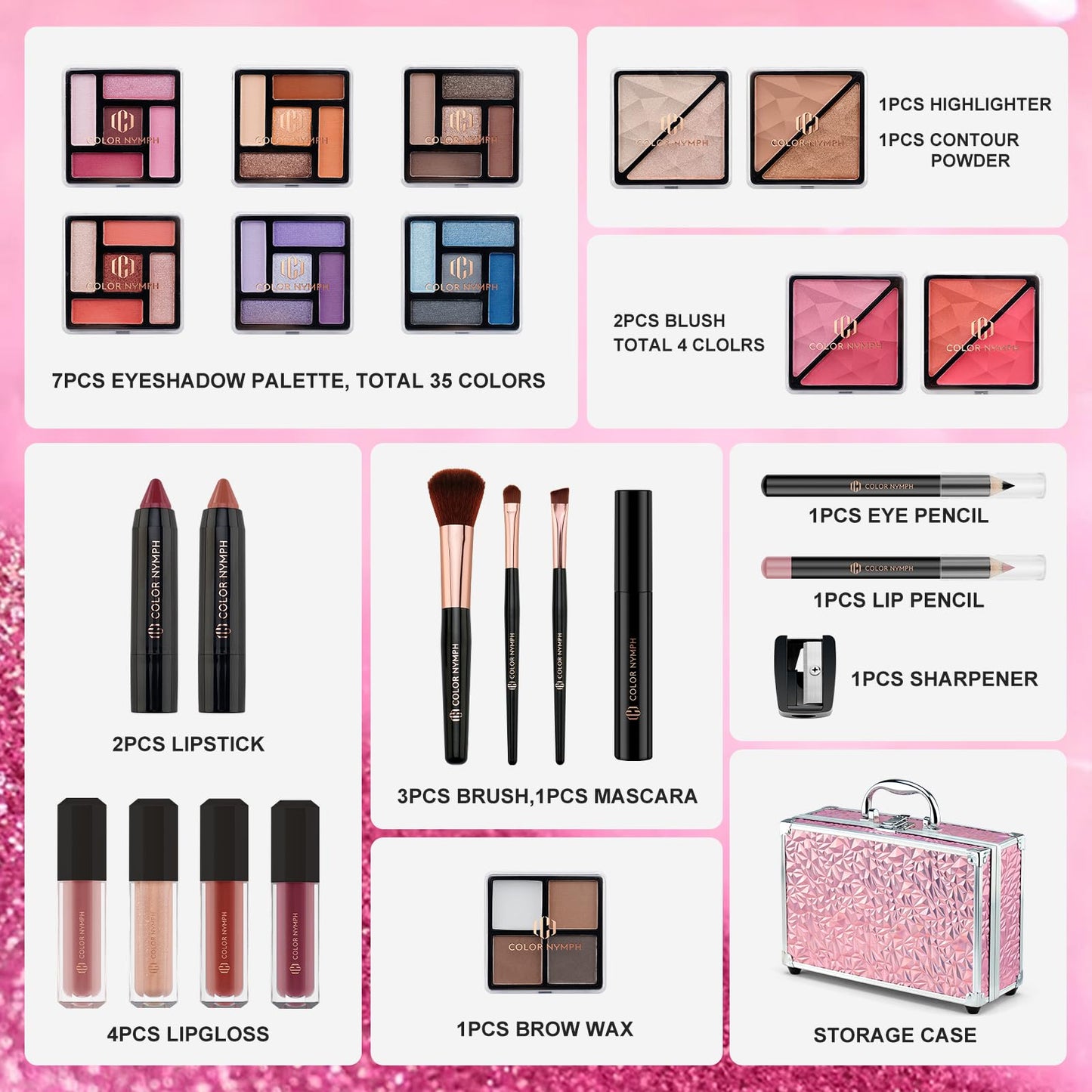 Color Nymph Starter Makeup Kit for Tweens Girls, Train Case for Women Full Kit with Eye Shadow, Lipstick, Blush, Brushes, Lipgloss, Mascara, Brow Wax and Mirror Pink Full Starter Cosmetics Set