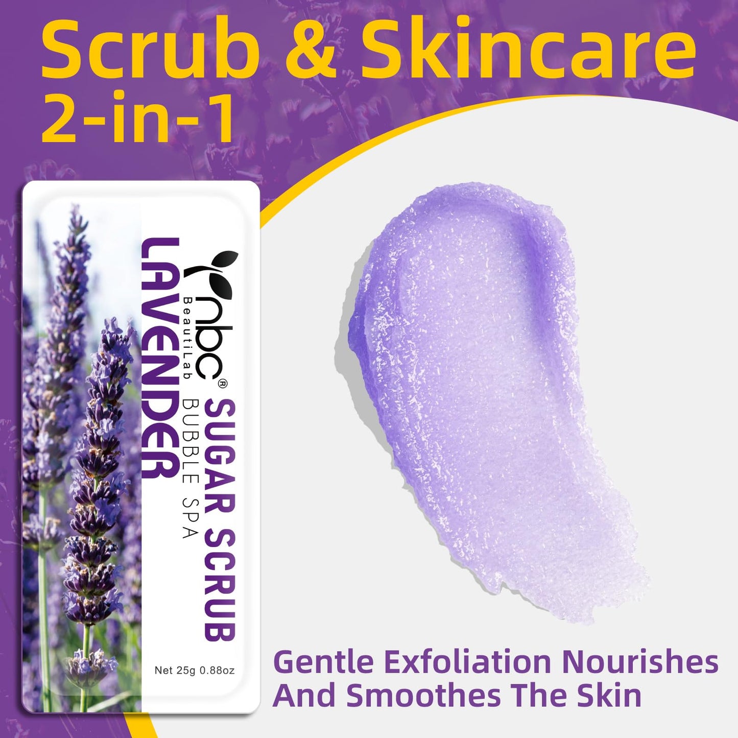 nbc BeautiLab Foot Exfoliating Scrub, Sugar Scrub, Dead Skin Remover for Feet, Individually Packaged Foot Scrub Smooths, Hydrates, Detoxifies Tired and Dry Cracked Feet 16 Packs per Box, Lavender