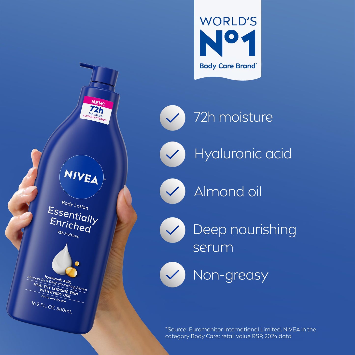 NIVEA Essentially Enriched Body Lotion for Very Dry Skin with Hyaluronic Acid, Almond Oil and Deep Nourishing Serum, 72-Hour Body Moisturizer, 16.9 Fl Oz Pump Bottle, Pack of 2