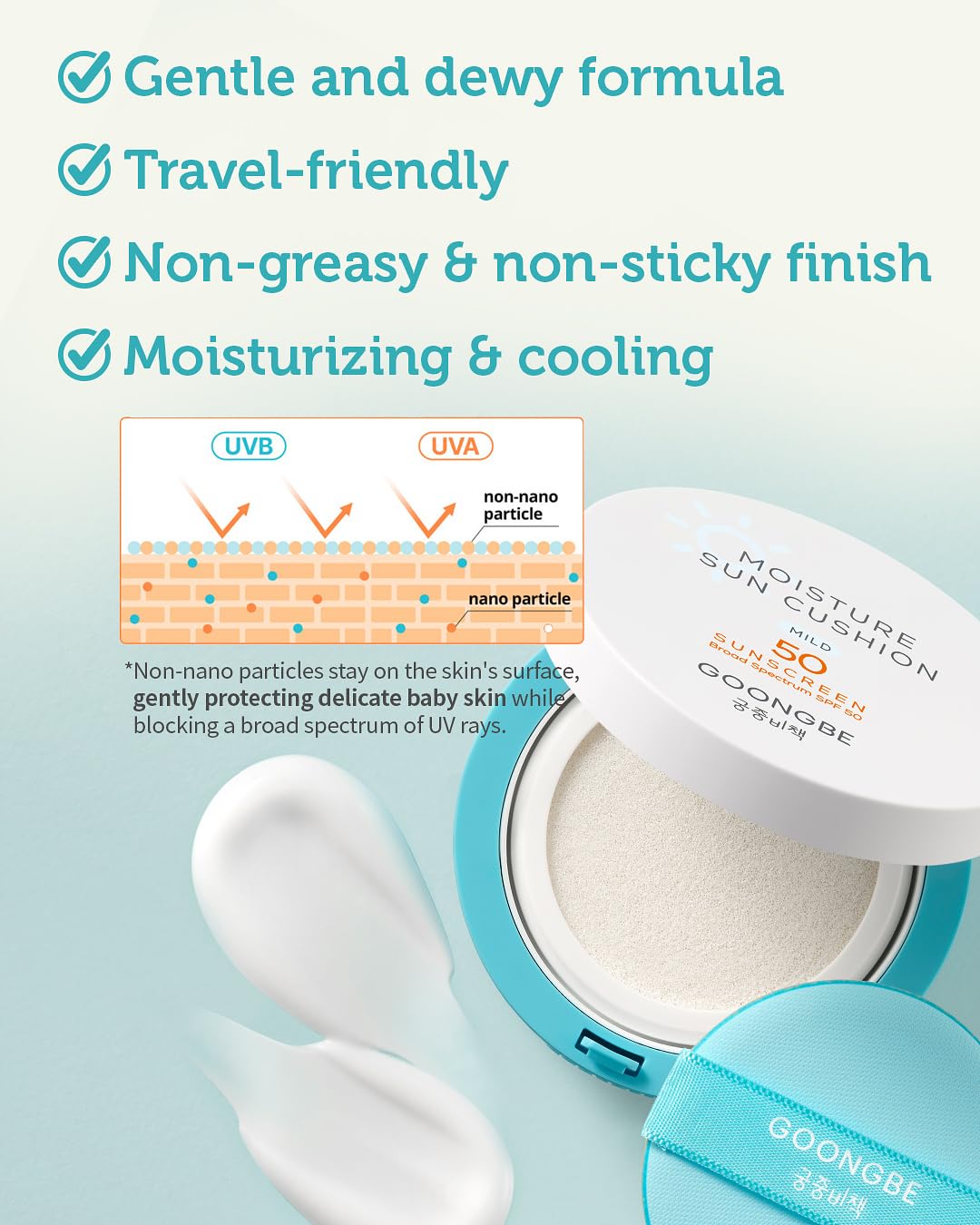 GOONGBE Moisture Sun Cushion Mild SPF 50 - Korean Moisturizing & Soothing Zinc Oxide Mineral Sunscreen - Travel Friendly Sun Cushion for Babies & Kids - Vegan, Reef-Safe, Allergen-Free, 0.81oz.