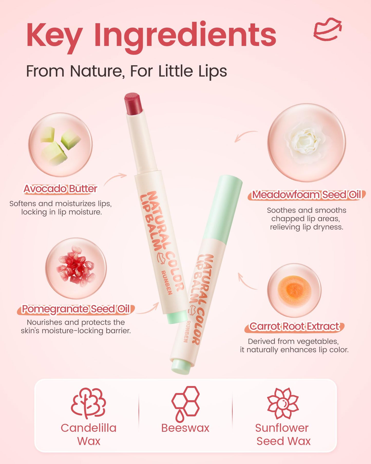 RUNBEN Kids Tinted Lip Balm, Pomegranate Flavored Lip Balm, Moisturizing & Hydrating, Safe & Non-toxic Lip Gloss for Kids, Makeup Gift for Little Girls, 2g