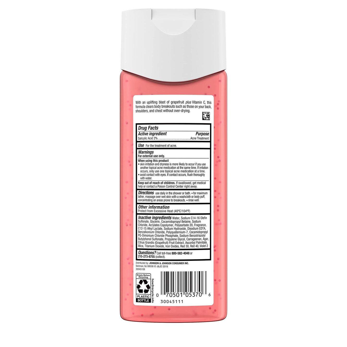 Neutrogena Body Clear Acne Treatment Body Wash with Salicylic Acid Acne Medicine, Pink Grapefruit Body Acne Cleanser to Prevent Breakouts on Back, Chest & Shoulders, 8.5 fl. oz, 3 Pack