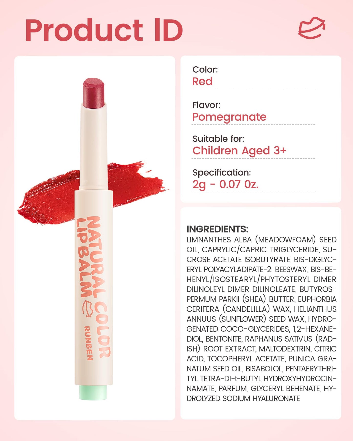 RUNBEN Kids Tinted Lip Balm, Pomegranate Flavored Lip Balm, Moisturizing & Hydrating, Safe & Non-toxic Lip Gloss for Kids, Makeup Gift for Little Girls, 2g