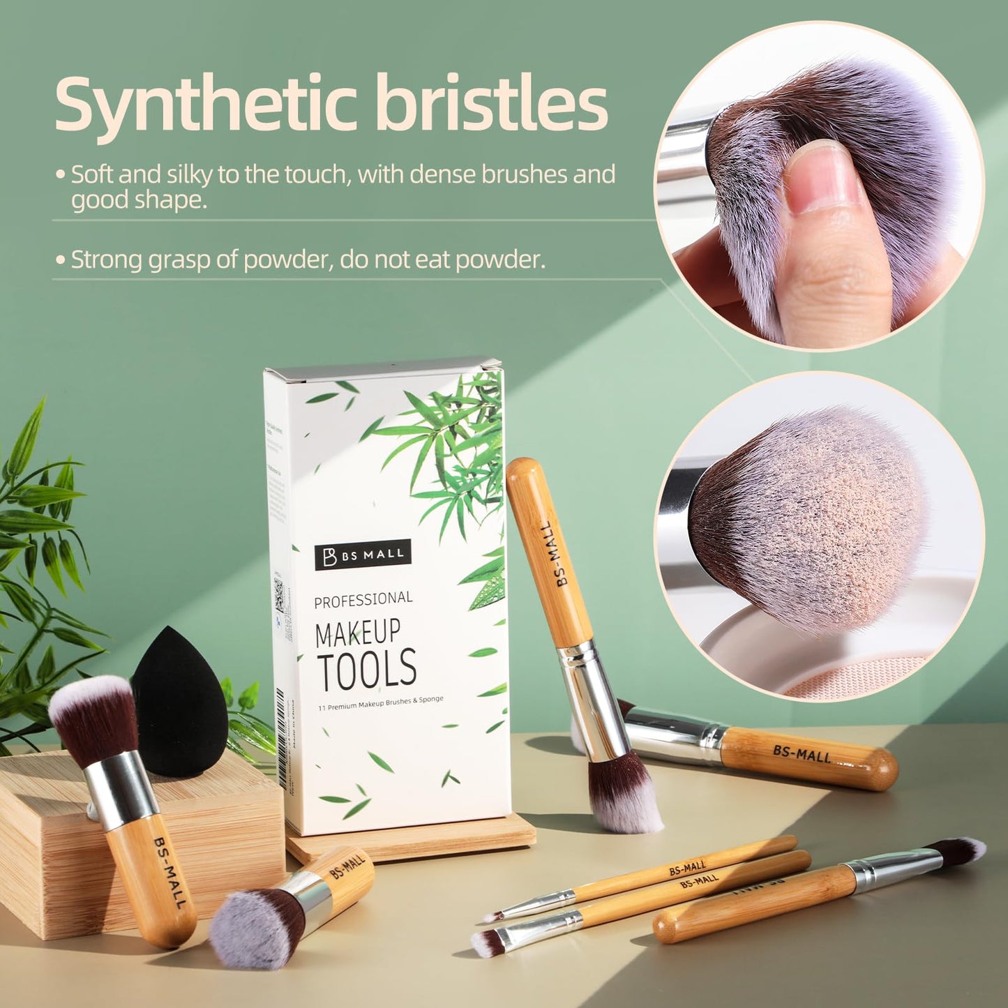 BS-MALL Makeup Brush Set 11Pcs Bamboo Synthetic Kabuki Brush Set Foundation Powder Blending Concealer Eye shadows Blush Cosmetics Brushes with Organizer Bag & Makeup Sponge (style, Count, 12)