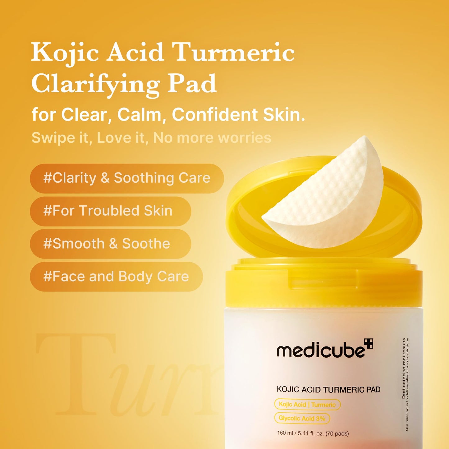 medicube Kojic Acid Turmeric Clarifying Toner Pad for Troubled Skin & Use After Spot Care, Soothing & Calming with Kojic Acid, Turmeric, Niacinamide & Glycolic Acid, Korean Skin Care, 70 Pads, 1 Pack