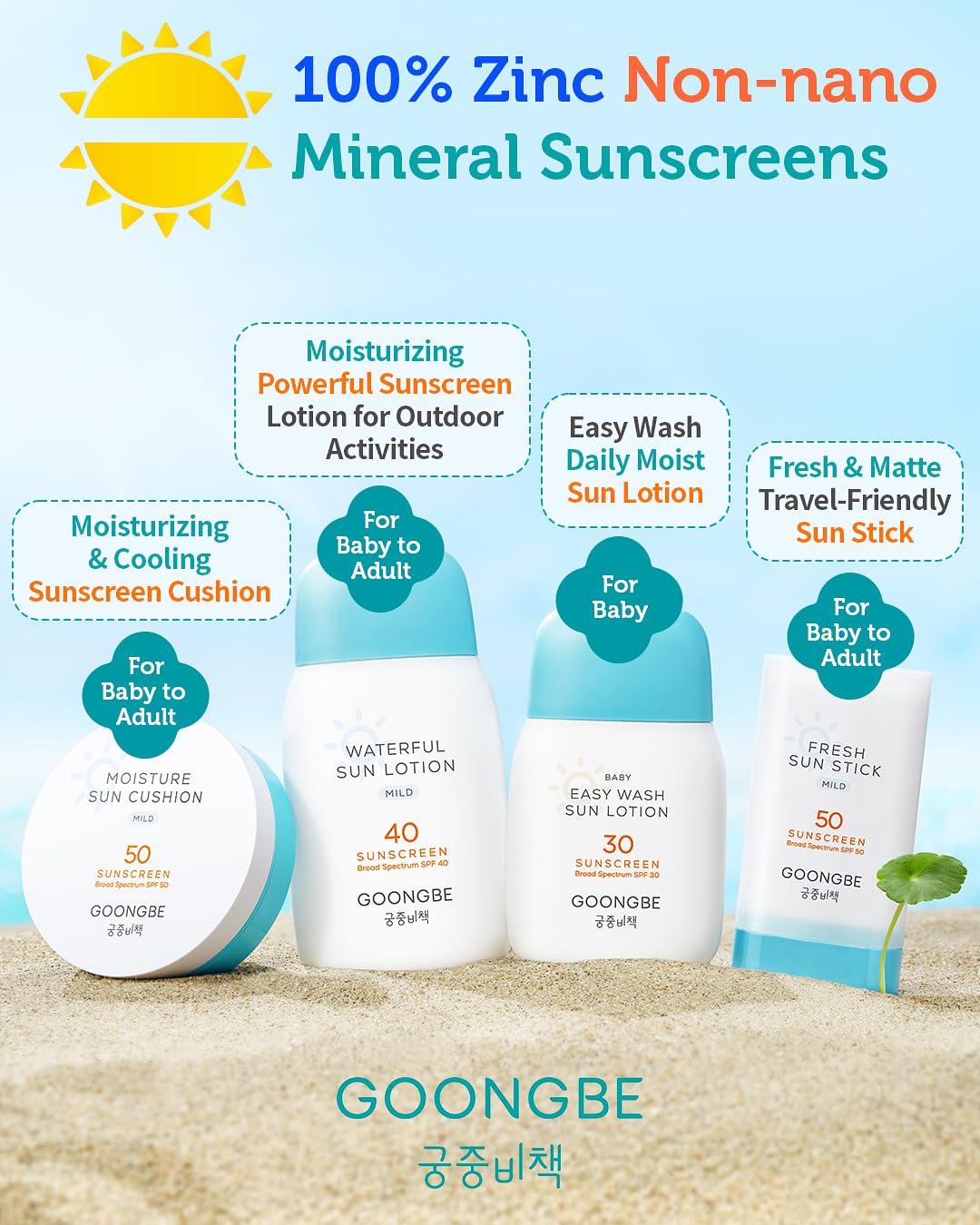 GOONGBE Moisture Sun Cushion Mild SPF 50 - Korean Moisturizing & Soothing Zinc Oxide Mineral Sunscreen - Travel Friendly Sun Cushion for Babies & Kids - Vegan, Reef-Safe, Allergen-Free, 0.81oz.