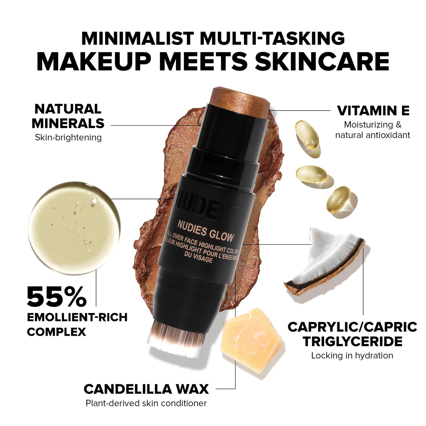 Nudestix Nudies Glow Highlighter Stick – Multi-Use Cream Highlighter for Face, Eyes & Body with Built-In Brush | Dewy, Radiant Finish for All Skin Tones | Ice Ice Baby