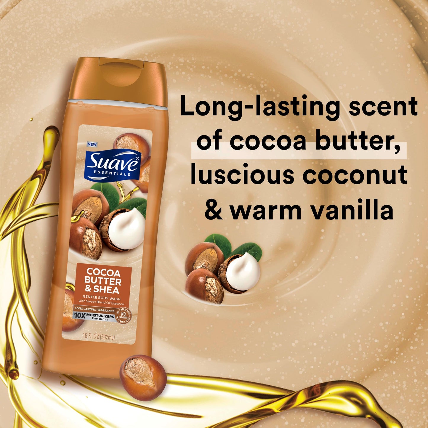 Suave Moisturizing Body Wash, Cocoa Butter and Shea with Vitamin E Extract, No Parabens, No Phtahaltes, 18 Oz Pack of 6