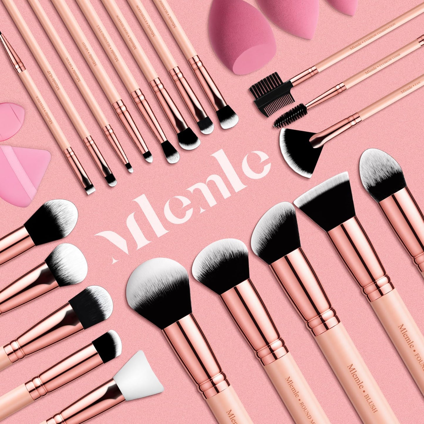 Makeup Brushes Set, Mlemle Professional 26 Pcs Makeup Kit, Include Powder Foundation Concealers Blush Eye shadows 21 Pcs Makeup Brushes and 2 Powder Puff, 3 Makeup Sponge(A01-Pink)