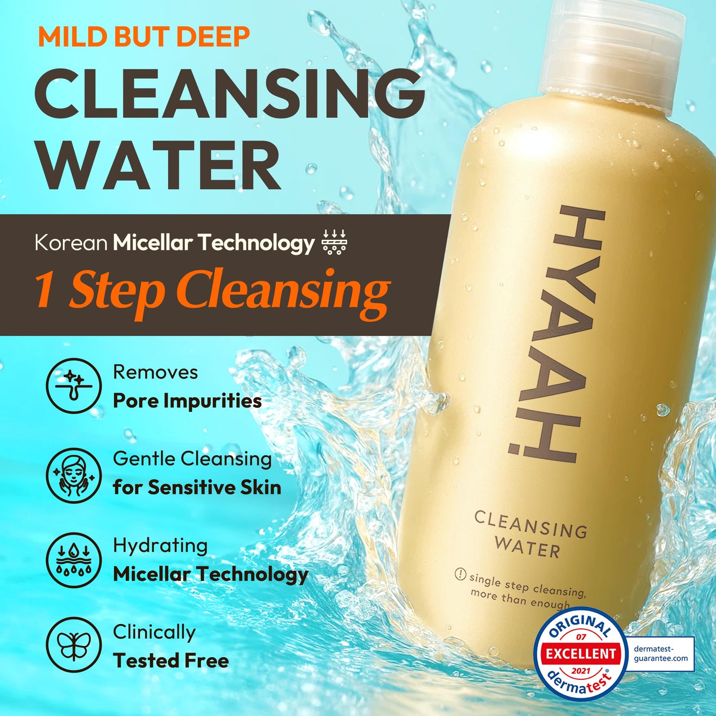HYAAH Mild But Deep Cleansing Water - Micellar Water Makeup Remover Oil Free Facial Cleanser for Sensitive Skin - Gently Exfoliates, Hydrates - Korean Skincare, 10.14 fl.oz.