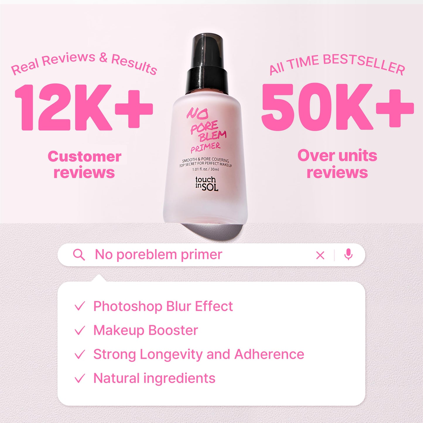 TOUCH IN SOL No Poreblem Primer – Pore Primer for Korean Makeup, Mattifying Primer for Oily Skin, Pore Eraser for Large Pores, Blurring Finish from K Beauty (1.01 fl.oz/30ml)
