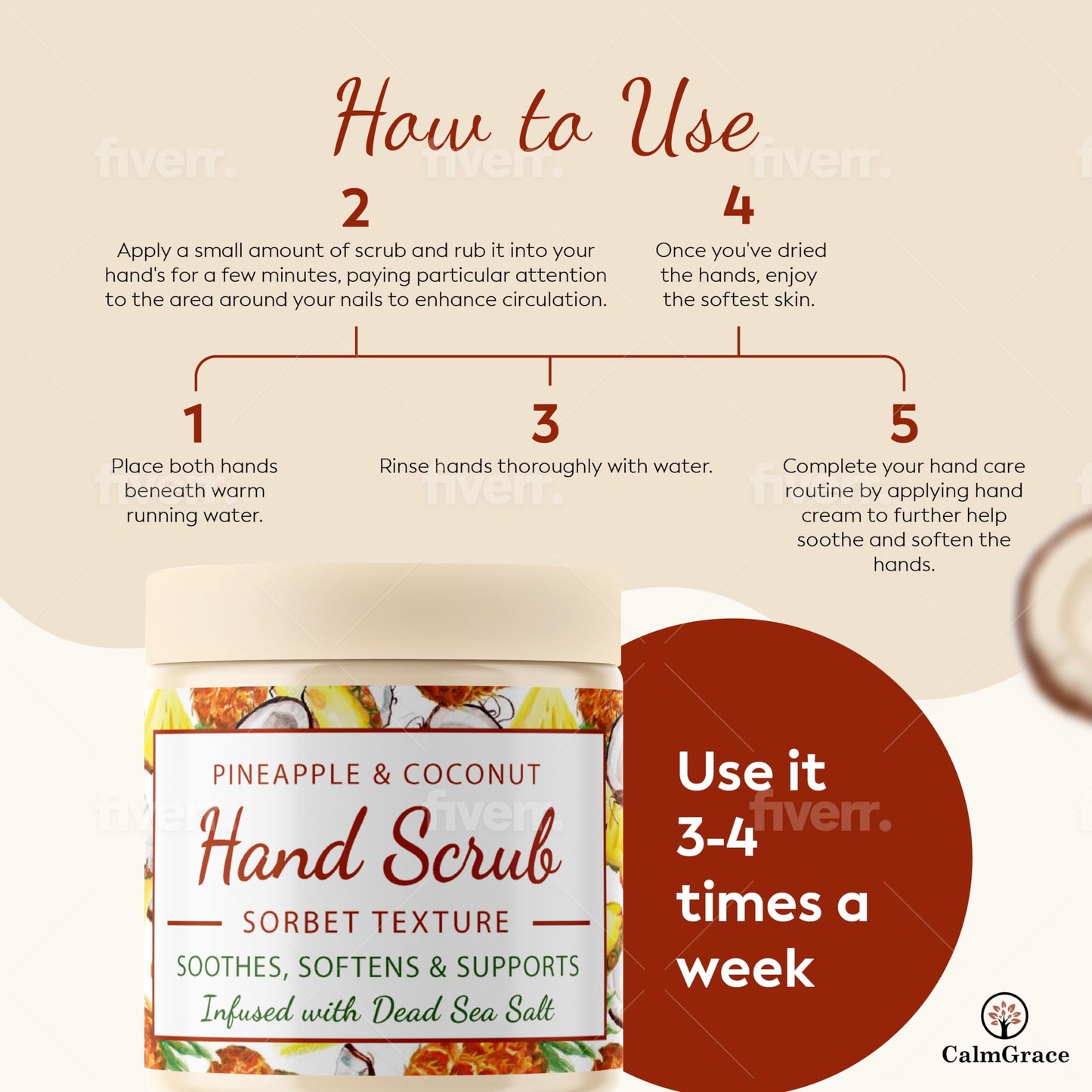 CalmGrace Hand Scrub for Dry Hands | Hand Exfoliating Scrub with Dead Sea Salts & Pineapple Coconut Scent | For Hands with Sorbet Texture | 10.5oz | Fortified with Avocado Oil, Vitamin E, C