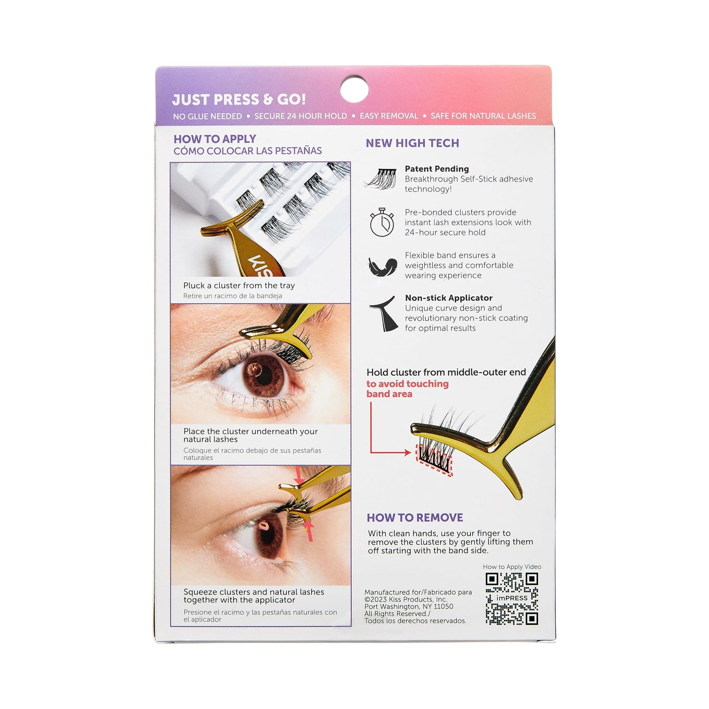 KISS imPRESS Falsies Press On Self Adhesive Eyelashes, 12mm-14mm Natural Volume Press On Lashes, Black, No Glue Needed, Invisible Band, 20 Lash Clusters & Non-Stick Applicator - Natural