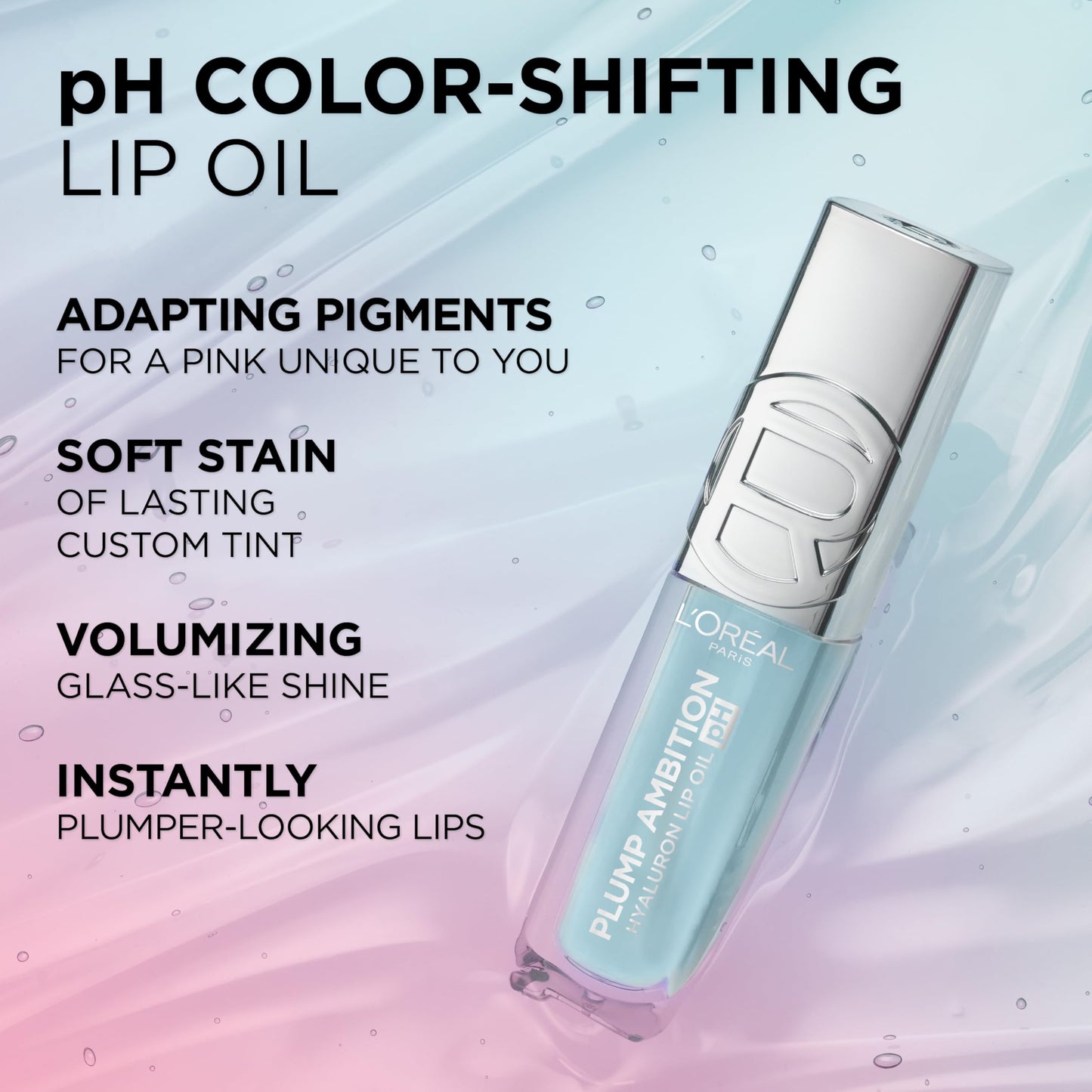 L'Oreal Paris Plump Ambition pH Hyaluron Lip Oil, Color Shifting Lip Tint with 24HR Hydration, Volumizing Shine and Lasting Color, 090 pH Berry Noir