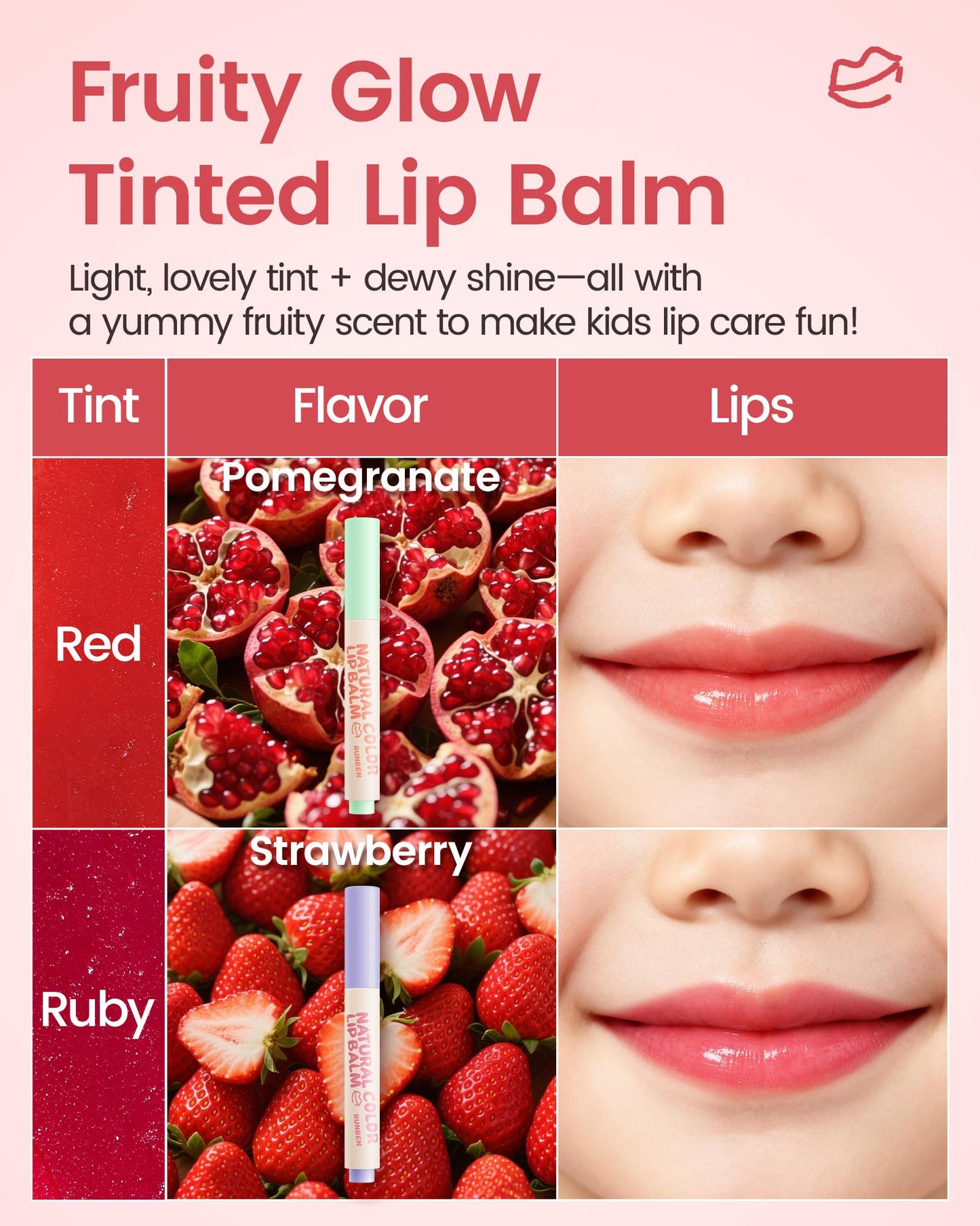 RUNBEN Kids Tinted Lip Balm, Pomegranate Flavored Lip Balm, Moisturizing & Hydrating, Safe & Non-toxic Lip Gloss for Kids, Makeup Gift for Little Girls, 2g