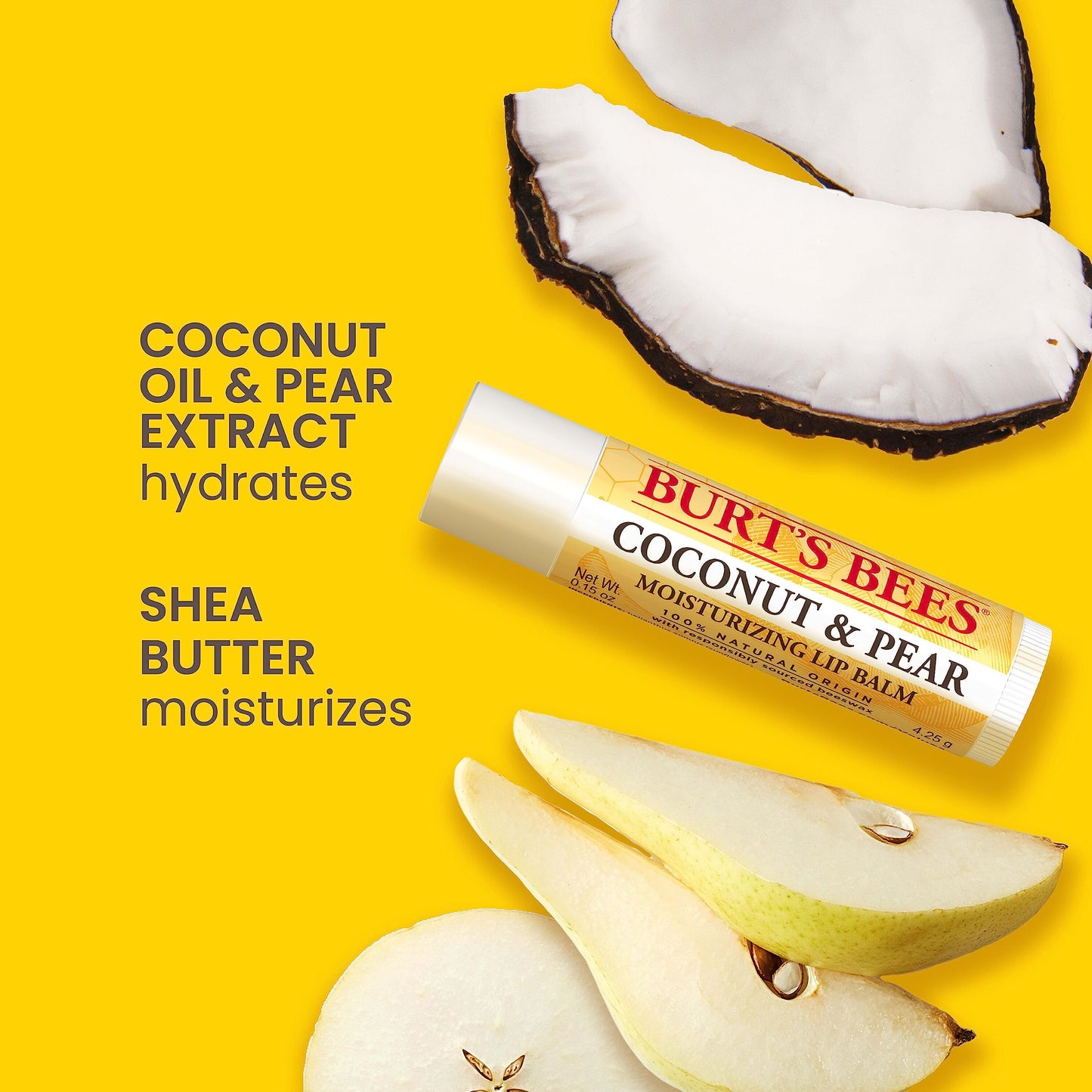 Burt's Bees Lip Balm, Beeswax, Strawberry, Coconut and Pear, and Vanilla Bean Pack, With Responsibly Sourced Beeswax, Tint-Free, Natural Lip Treatment, 4 Tubes, 0.15 oz.