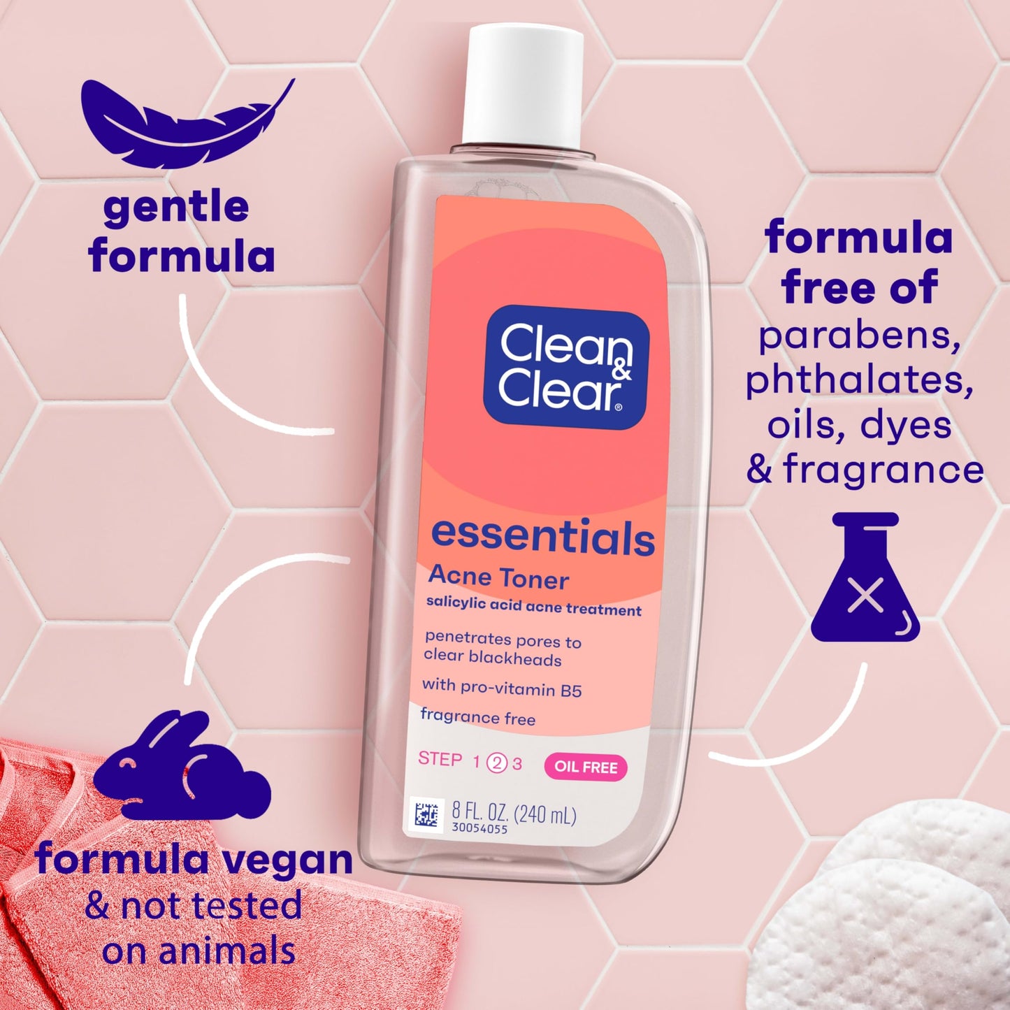 Clean & Clear Essentials Oil-Free Acne Toner, 2% Salicylic Acid Acne Treatment, Gentle Facial Toner for Pimples Cleanses Pores to Clear & Remove Blackheads, Fragrance Free, 8 fl. oz
