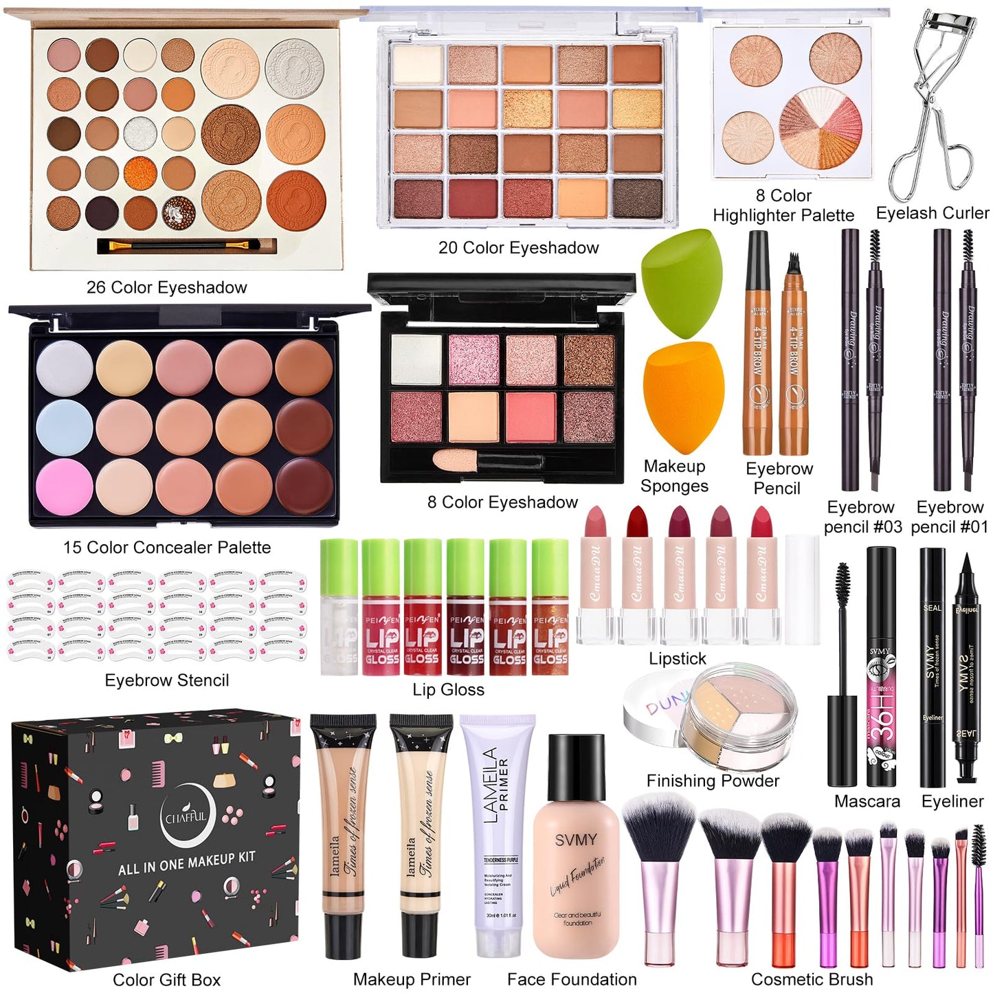 All in One Makeup Kit, Makeup Kit for Women Full Kit, Make Up Gift Set for Women, Makeup Essential Bundle Includes Foundation Eyeshadow Palette Concealer Lipstick Eyeliner Mascara Cosmetic Brush Set