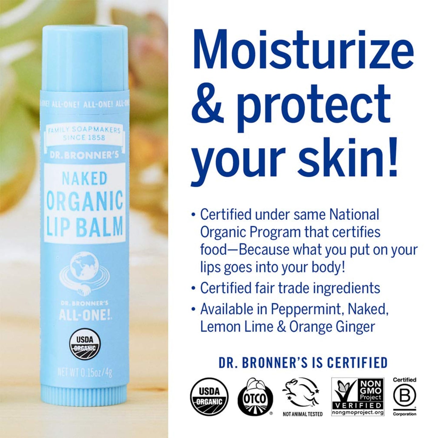 Dr. Bronner’s Organic Lip Balm 6-Pack (.15oz) Natural, Moisturizing, Petroleum-Free Lip Moisturizer with Beeswax & Avocado Oil for Dry Lips, Men & Women - Unscented
