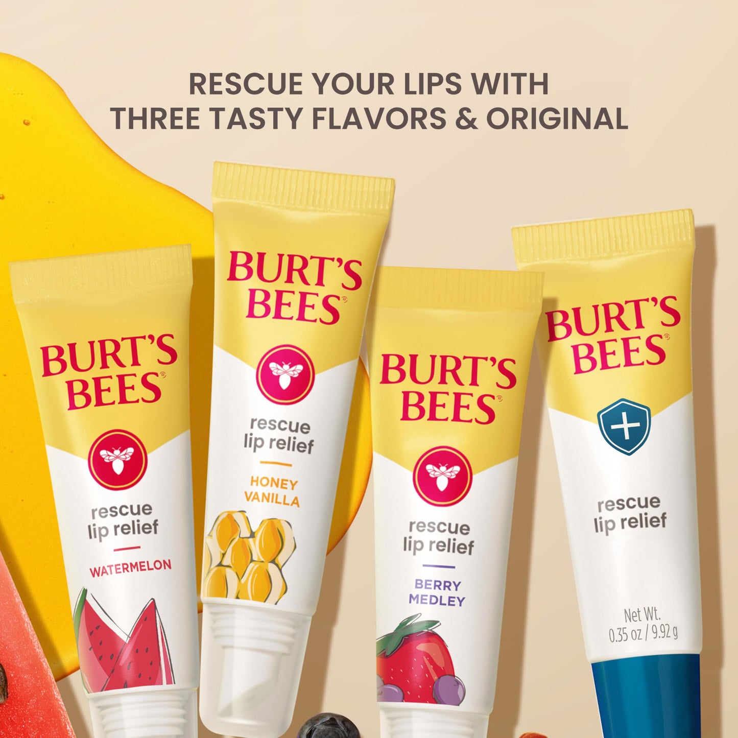 Burt's Bees Stocking Stuffers, Rescue Lip Relief, Honey Vanilla, Hydrating Lip Balm for Dry Cracked Lips, with Responsbily Sourced Beeswax and Shea Butter, 100% Natural Origin, 1 Squeezy Tube, 0.35oz