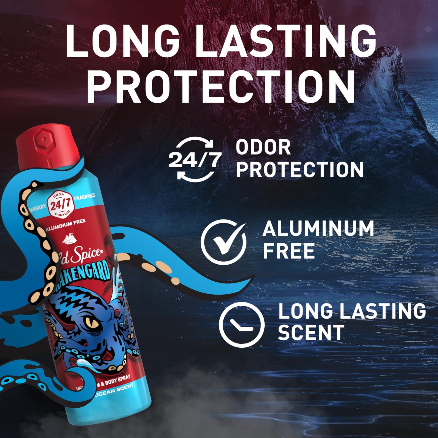 Old Spice Aluminum Free Body Spray for Men, 24/7 Odor Protection, 24/7 Lasting Fragnance & Freshness, Cologne Quality Scent, Krakengard with Deep Ocean Scent, 5.1 oz (Pack of 2)