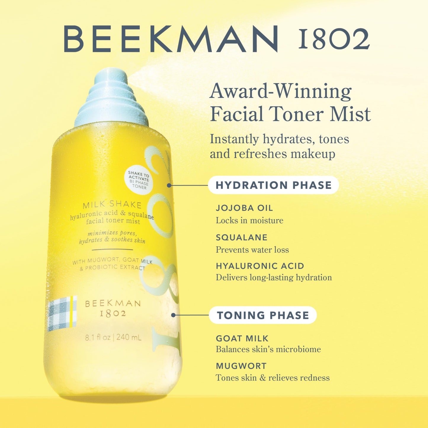 Beekman 1802 Milk Shake Hydrating Face Mist - Hyaluronic Acid & Squalane Facial Mist Minimizes Pores & Gently Moisturizes - Makeup Setting Spray - Fragrance-Free