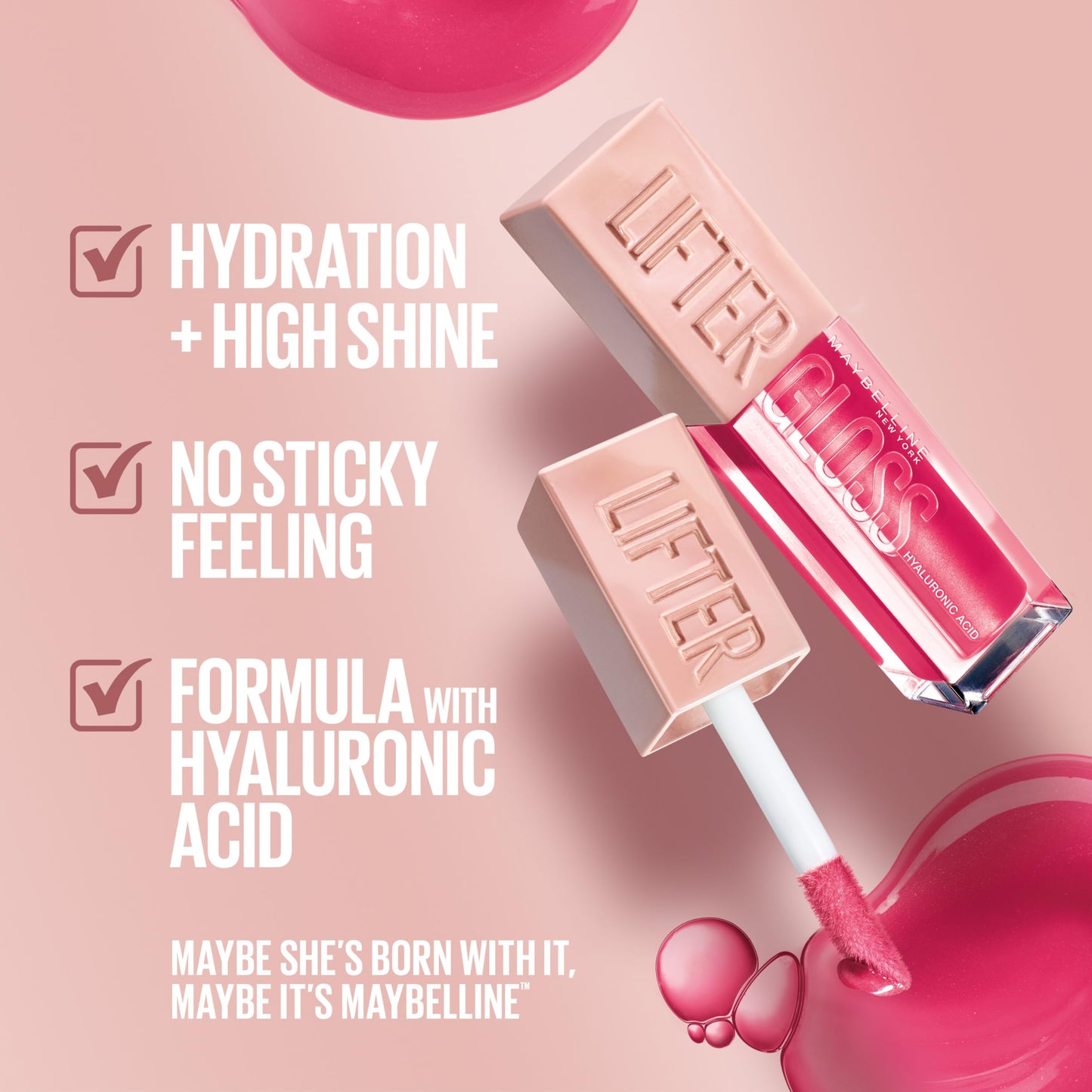 Maybelline Lifter Gloss, Hydrating Lip Gloss with Hyaluronic Acid, Moon, Nude Pink, 0.18 Ounce