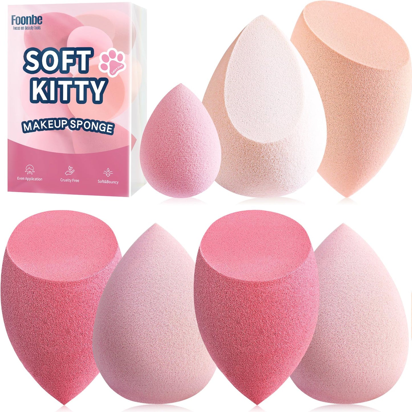 Makeup Sponge Set Foonbe Blender Sponges 7 Pcs for Liquid, Cream, and Powder, Latex Free, Multi colored Beauty Sponges with 1 Mini Sponge, Vegan & Cruelty-Free