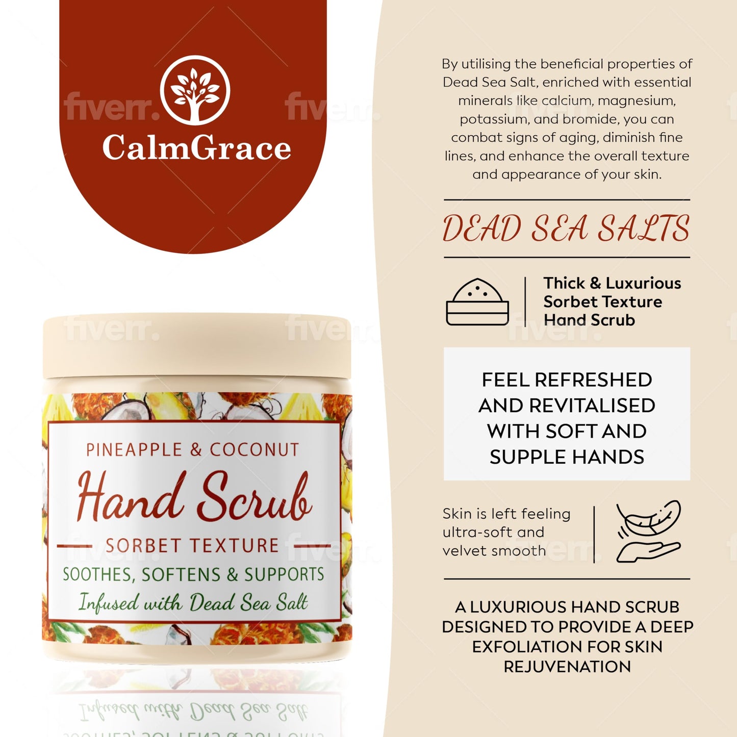 CalmGrace Hand Scrub for Dry Hands | Hand Exfoliating Scrub with Dead Sea Salts & Pineapple Coconut Scent | For Hands with Sorbet Texture | 10.5oz | Fortified with Avocado Oil, Vitamin E, C