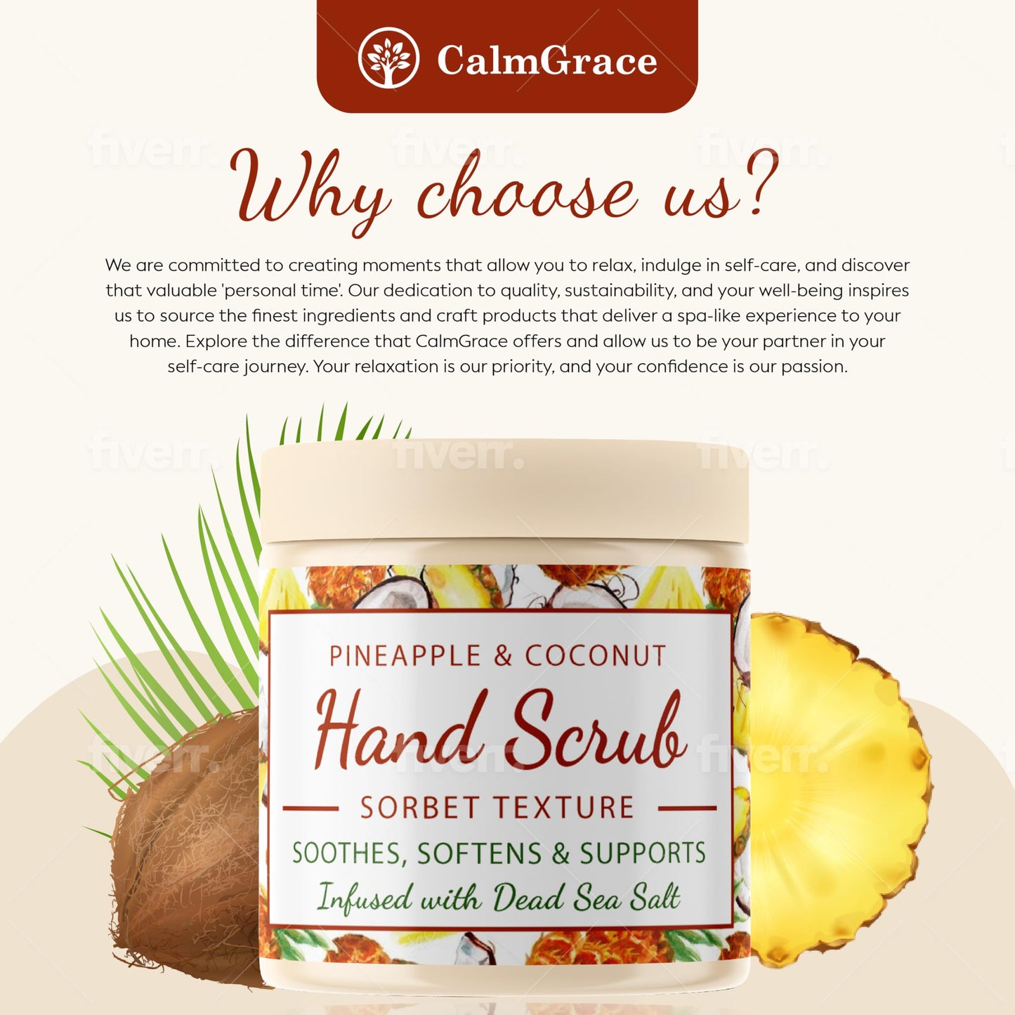 CalmGrace Hand Scrub for Dry Hands | Hand Exfoliating Scrub with Dead Sea Salts & Pineapple Coconut Scent | For Hands with Sorbet Texture | 10.5oz | Fortified with Avocado Oil, Vitamin E, C