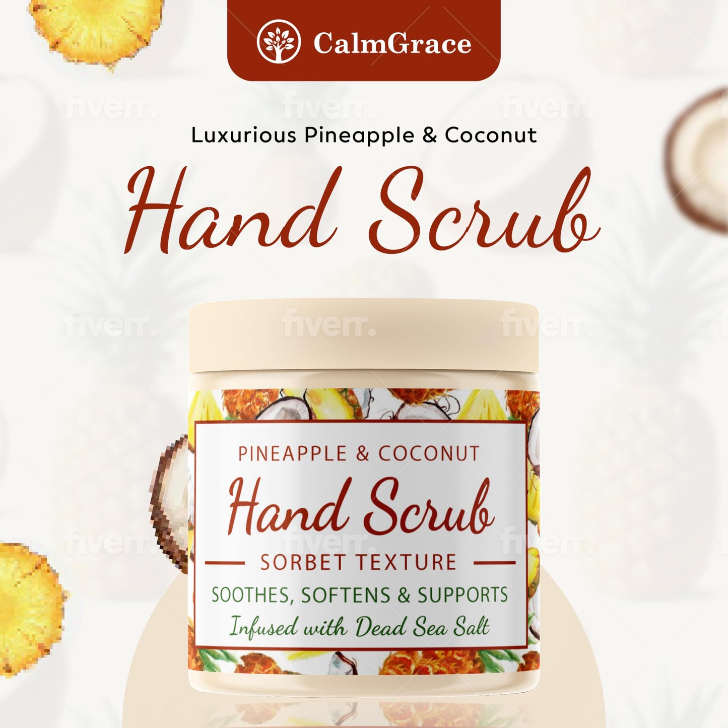 CalmGrace Hand Scrub for Dry Hands | Hand Exfoliating Scrub with Dead Sea Salts & Pineapple Coconut Scent | For Hands with Sorbet Texture | 10.5oz | Fortified with Avocado Oil, Vitamin E, C