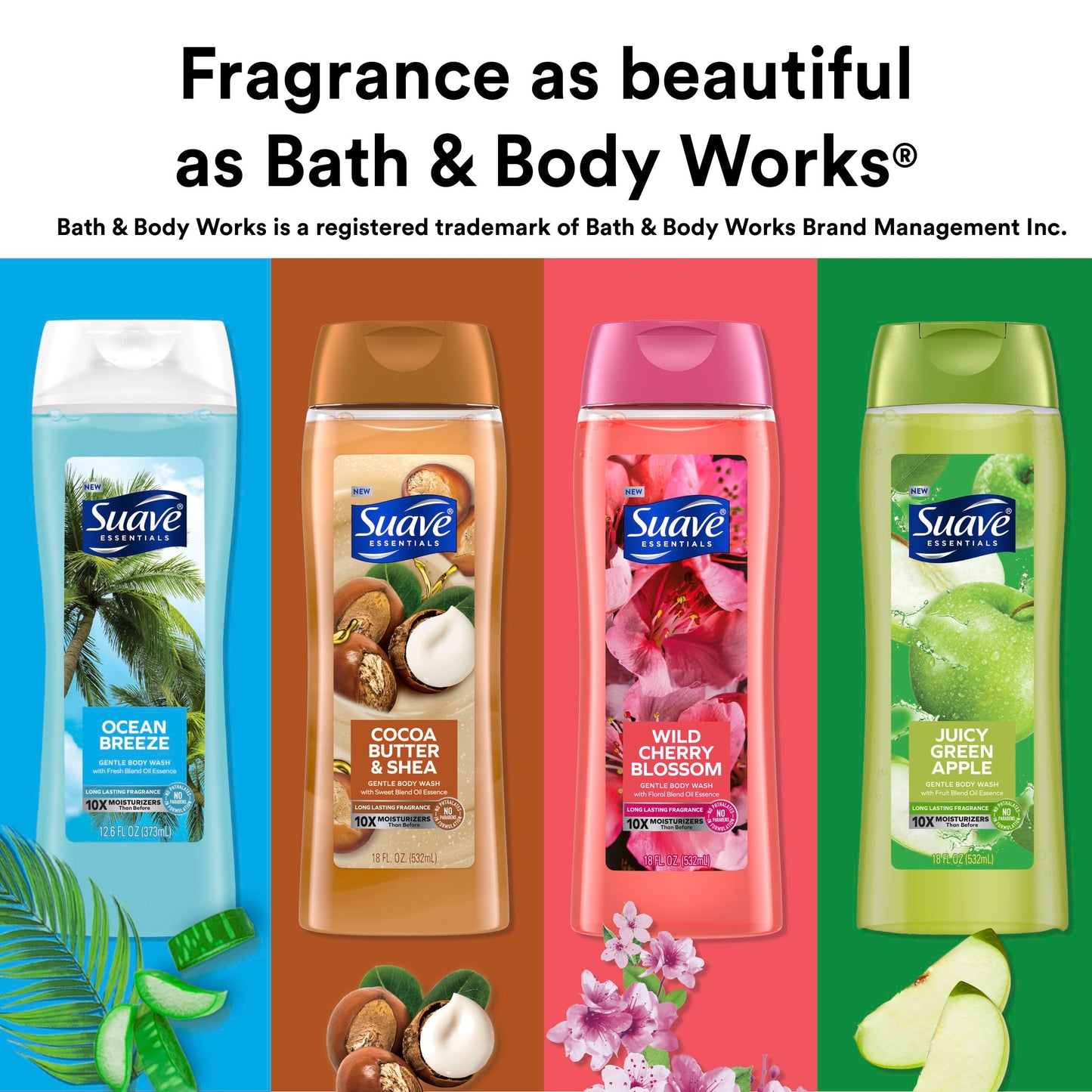 Suave Moisturizing Body Wash, Cocoa Butter and Shea with Vitamin E Extract, No Parabens, No Phtahaltes, 18 Oz Pack of 6