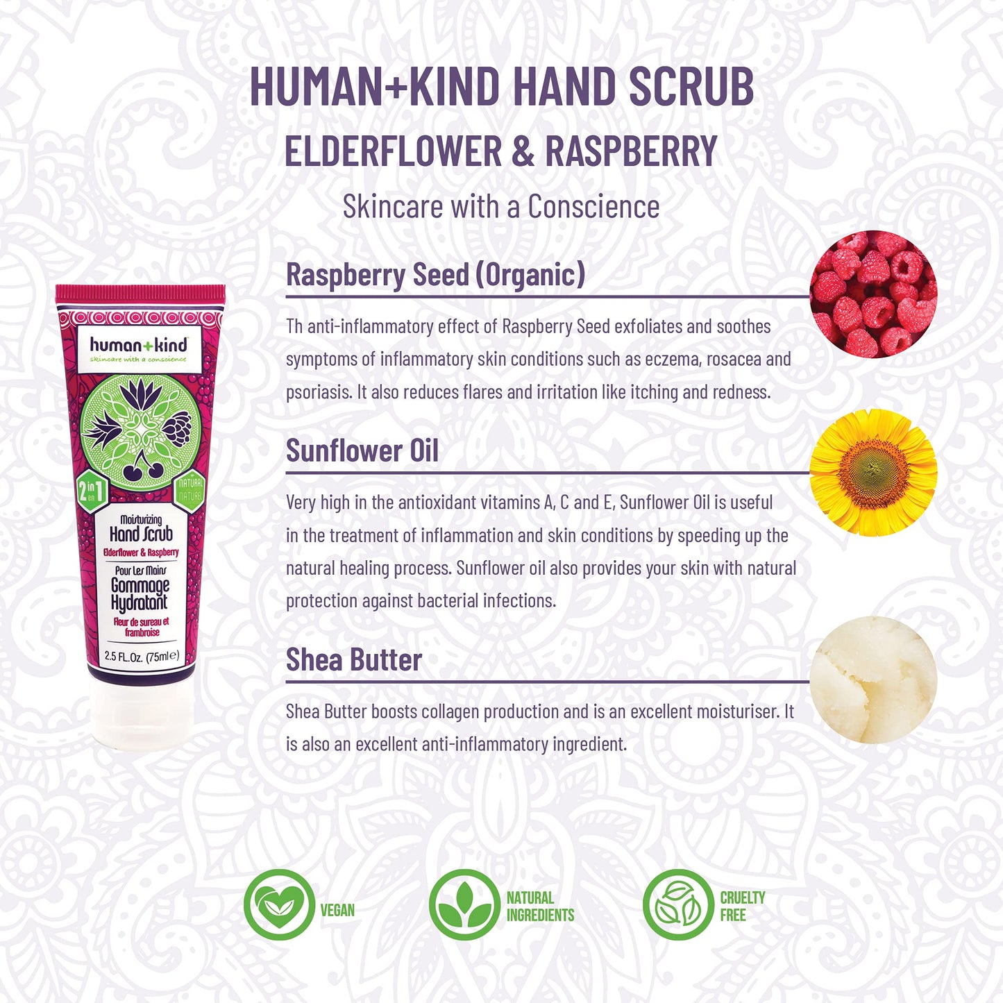 Human+Kind Moisturizing Hand Scrub - Exfoliating Scrubber for Soft, Smooth Hands - Gentle Repair for Dry, Cracked, Peeling Skin - Shea Butter, Dried Raspberry Seeds, and Hydrated Silica - 2.5 oz