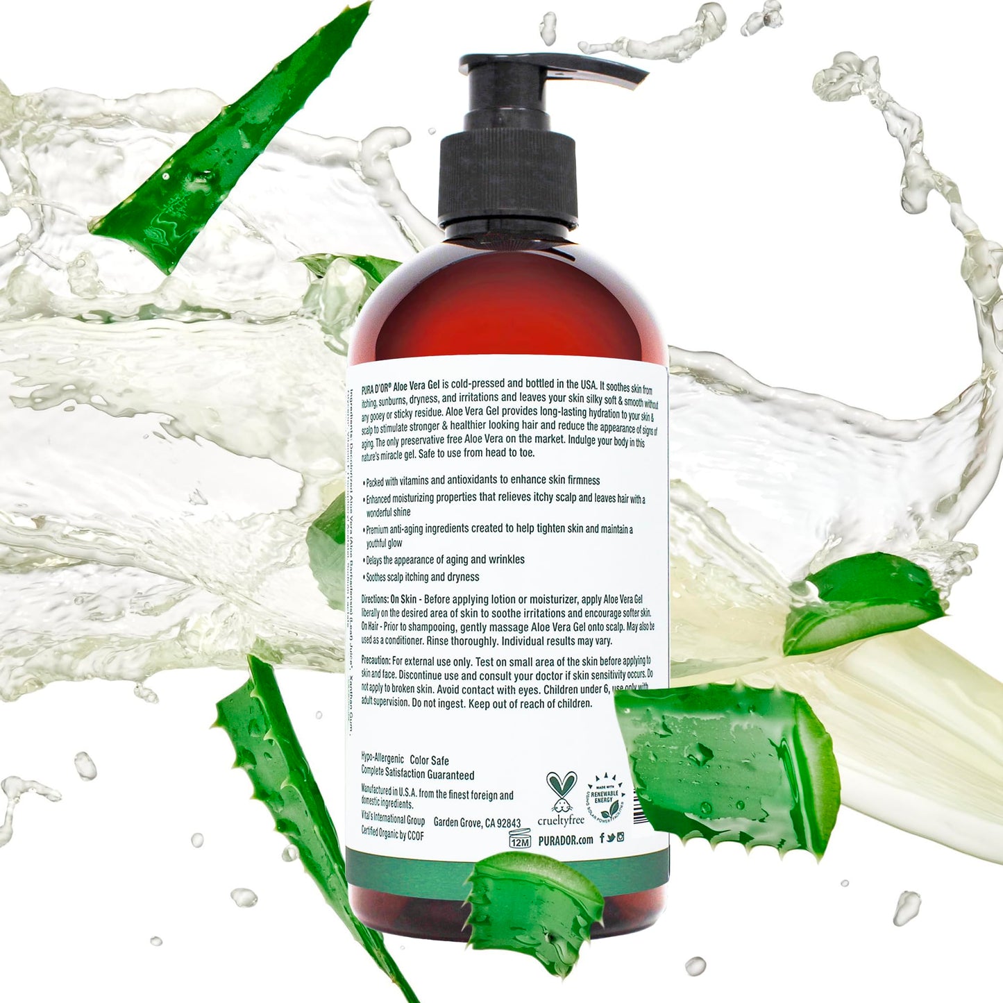 PURA D'OR 16 Oz ORGANIC Aloe Vera Gel - Unscented - All Natural - ZERO Artificial Preservatives - Deeply Hydrating & Moisturizing - Sunburn, Bug Bites, Rashes, Small Cuts, Eczema Relief - Skin & Hair